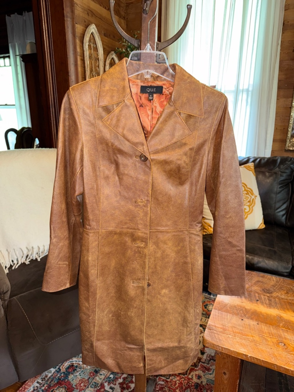 Que Brown Faux Leather Long Coat with Notched Collar